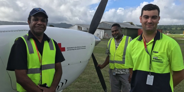 Aviation safety sector working together: Civil Aviation Authority of Vanuatu’s Airworthiness Officer, Manfred Veremaito with Pacific Aviation Safety Office’s Operations Advisor, Joseph Niel Noupat and Air Taxi Vanuatu’s Chief Engineer, Nick Barber at Port Vila Airport, Vanuatu. Credit: PASO.