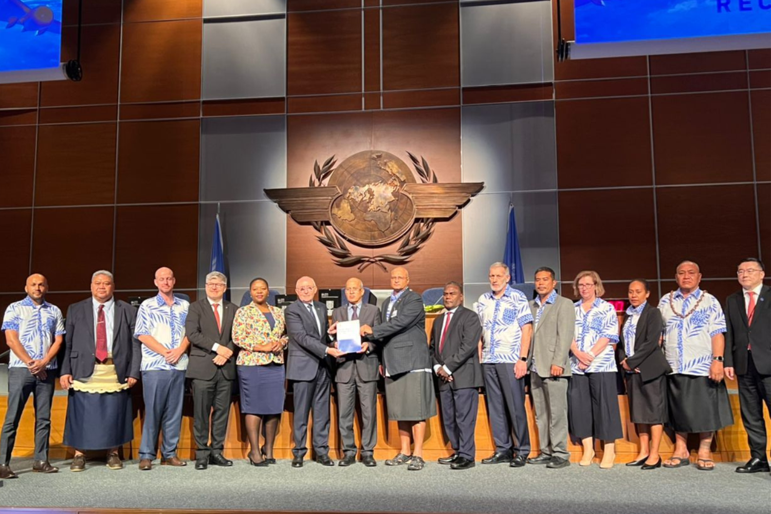 The Papua New Guinea Minister for Transport and Civil Aviation, the Honourable Walter D. Schnaubelt, MP, launched the Pacific Regional Aviation Strategy at the ICAO 41st Assembly with Pacific Island officials and dignitaries, the President of the Assembly Poppy Khoza, ICAO Council President Salvatore Sciacchitano, and ICAO Secretary General Juan Carlos Salazar. Credit: paso.aero