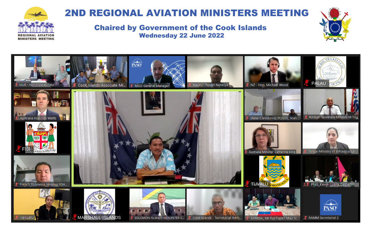 The second Regional Aviation Ministers Meeting (RAMM2) was hosted virtually on Wednesday 22 June by the Government of the Cook Islands with Ministerial representation from 17 Pacific States. Credit: PASO